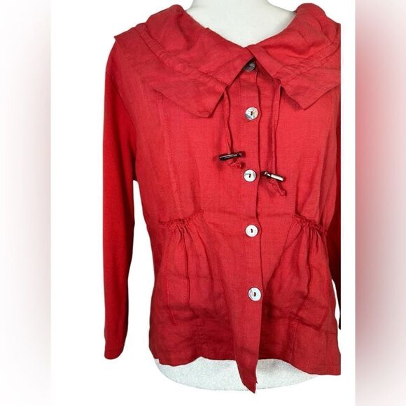 Oizini Italy Red Linen Blazer Style Long Sleeve Lightweight Top - Picture 3 of 7